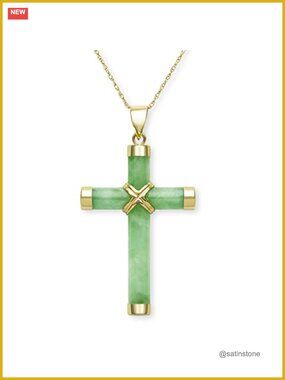 Natural Green Jade Cross Pendant Necklace 14K Yellow Gold